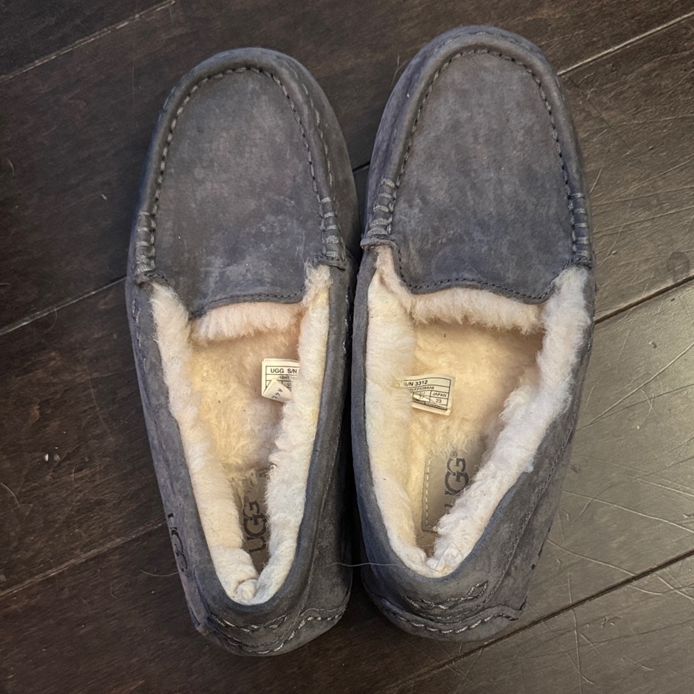UGG Gray Suede Shearling-Lined Moccasin Slippers